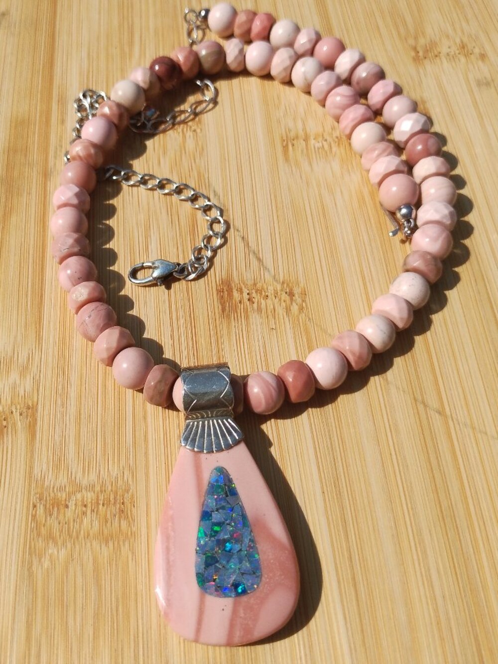 Jay King DTR 925 Sterling Silver Pink Opal Bead Blue Opal Inlay Pendant Necklace - Picture 3 of 6